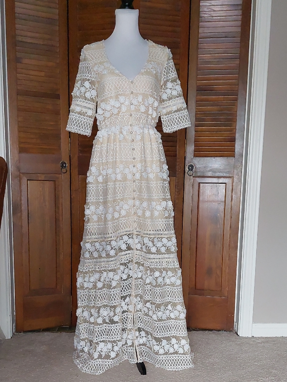Bohemian Beige Lace 3D Floral Maxi Dress Sz S